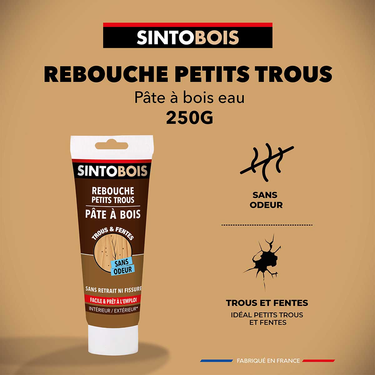 SINTO Pâte à Bois pour Reboucher les Petits Trous dans le Bois Chêne Clair  - 250g - Sans Odeur - Séchage en 4h - Intérieur et Extérieur